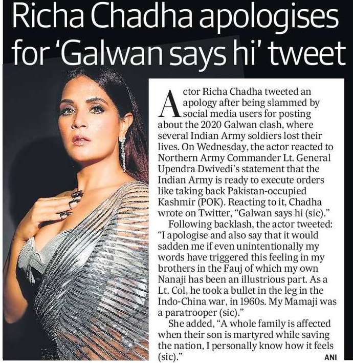 Richa Chadha apologises for ‘Galwan says hi’ tweet