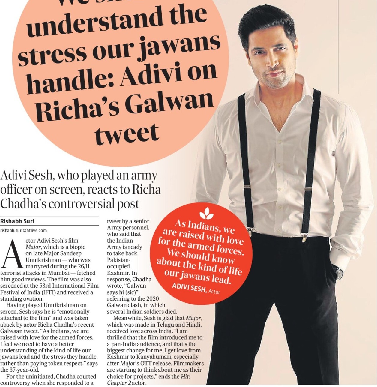 We should understand the stress our jawans handle: Adivi on Richa’s Galwan tweet