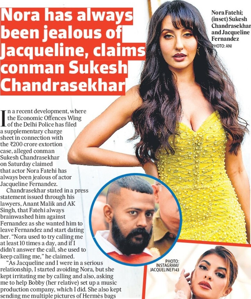 Nora has always been jealous of Jacqueline, claims conman Sukesh Chandrasekhar