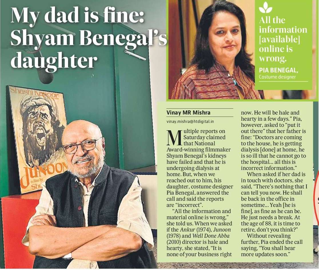 My dad is fine: Shyam Benegal’s daughter 