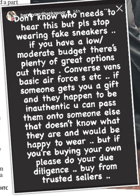 ‘ELITIST’ HARSH CALLED OUT FOR ‘FAKE SNEAKERS’ POST