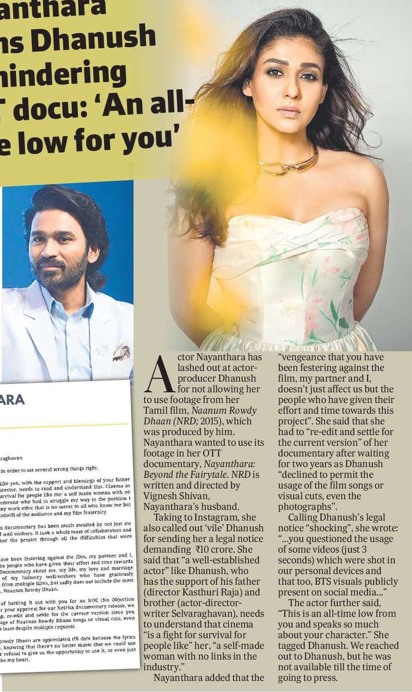 Nayanthara slams Dhanush for hindering OTT docu: ‘An all-time low for you’ Nayanthara slams Dhanush for hindering OTT docu: ‘An all-time low for you’