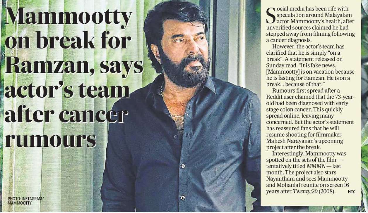 Mammootty on break for Ramzan, says actor’s team after cancer rumours Mammootty on break for Ramzan, says actor’s team after cancer rumours