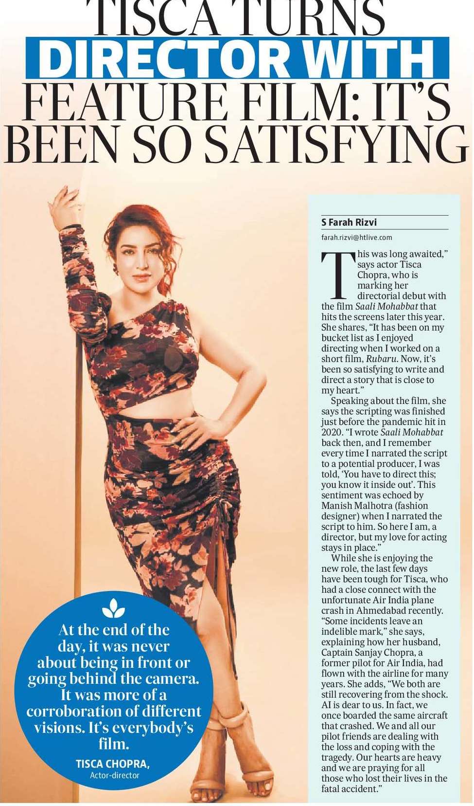 TISCA TURNS
DIRECTOR WITH
FEATURE FILM: IT’S
BEEN SO SATISFYING